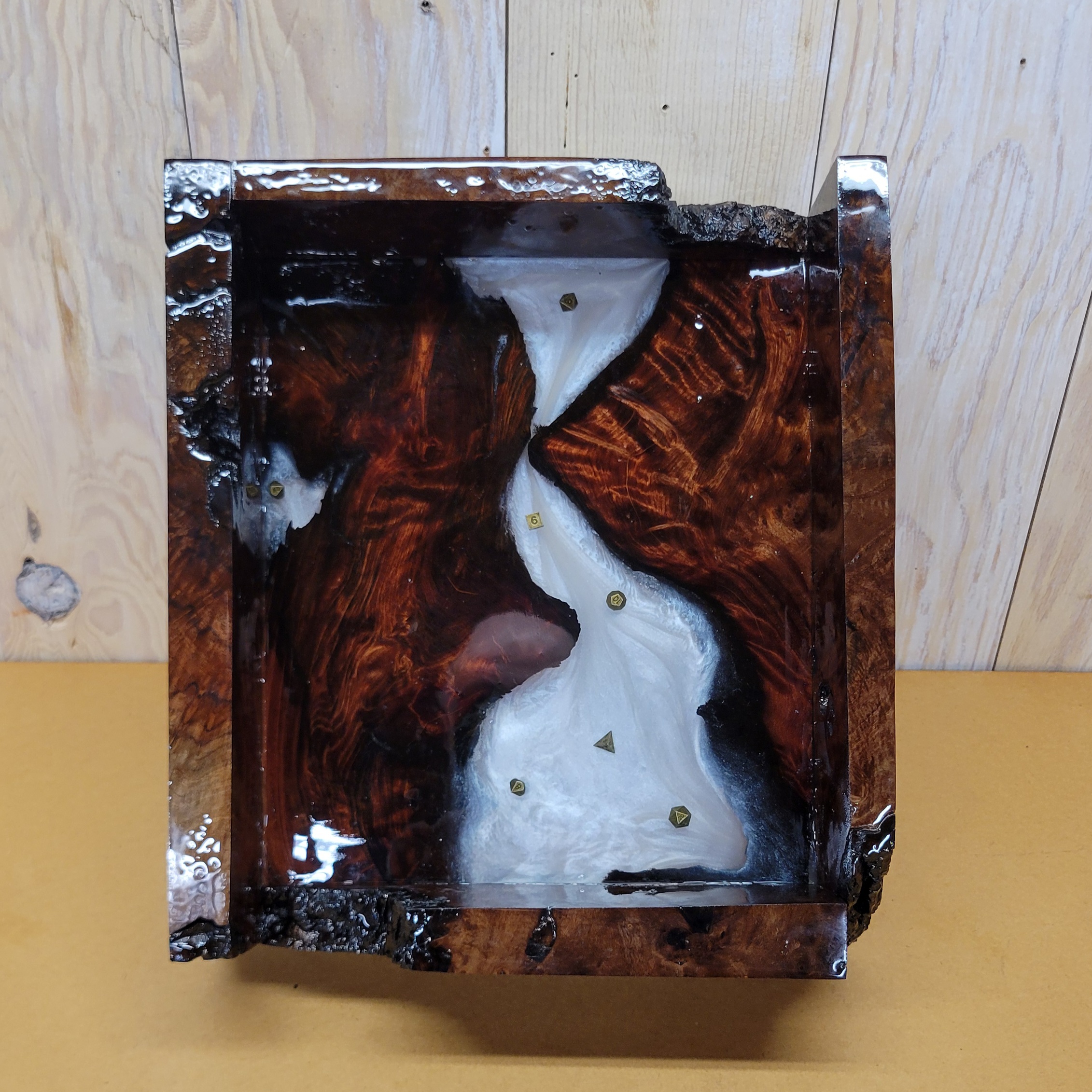 Walnut Burl Epoxy DnD Dice Rolling Box Silver