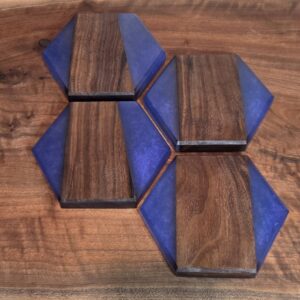 Hexagon Black Walnut & Blue-Purple Epoxy Coasters — Handmade — 5" Wide, 1/2" Thick